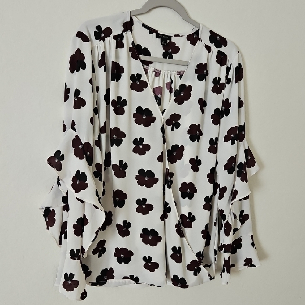 Ann Taylor White Blouse with Black Floral Pattern